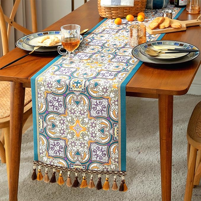 13×72 Inch Table Runner, Retro-Luxury Tassels Series for Kitchen Dining Table Holiday Decoration (Saliera)