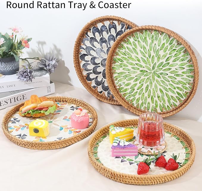 Round Rattan Serving Tray with Mother of Pearl Inlay & Coaster, Boho Wicker Basket, Decorative Coffee Table Tray for Table Decor, Storage and Display of Coffee Bread Fruit(Bohemia)