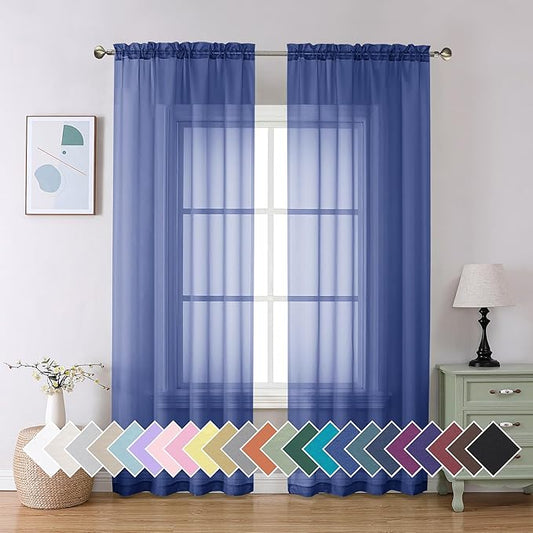 Aiyufeng Royal Blue Sheer Curtains 90 Inches Long 2 Panels Set, Semi Transparent Voile Rod Pocket Blue Sheer Window Drapes for Bedroom Bed Canopy Dining Wedding Party Backdrop, 42W x 90L inch