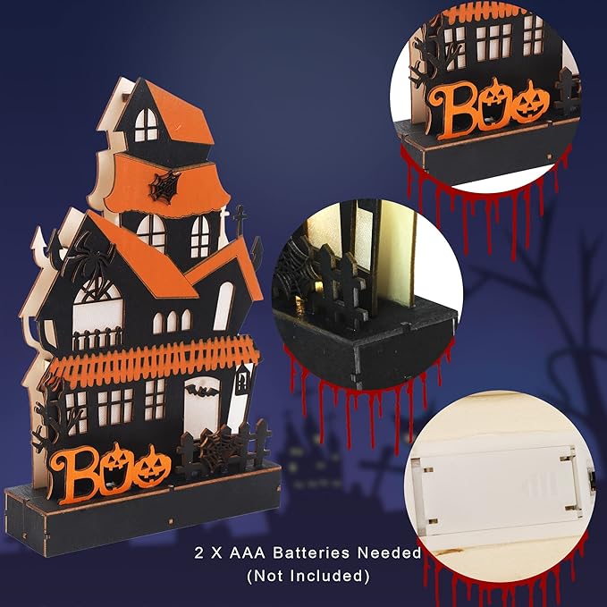 Lulu Home Halloween Tabletop Decoration, Wooden Lighted Boo Haunted House Decoration, Battery Operated Halloween Sign Indoor Fireplace Desk Kitchen Table Ornament, 10.6 x 6.7 x 1.9 INCH