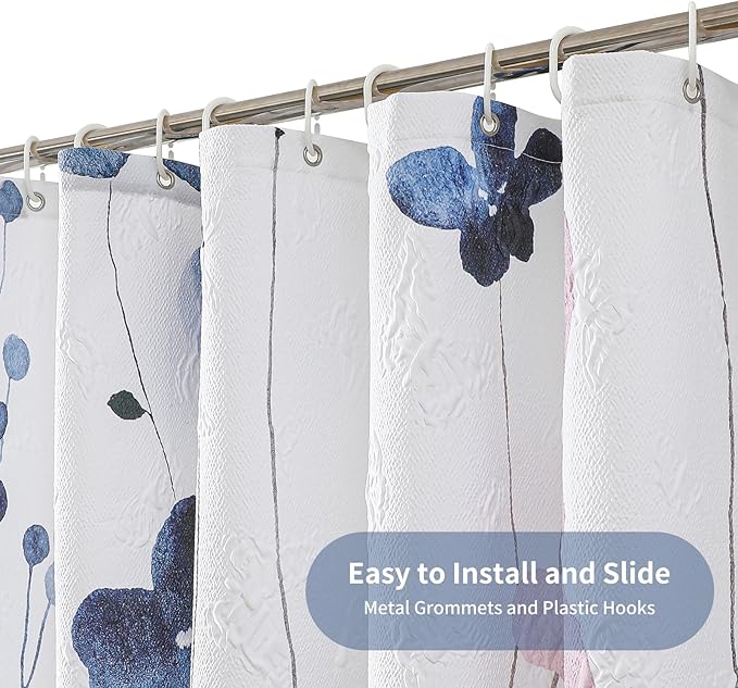 QIYI Watercolor Wildflowers Shower Curtain, Minimalist Floral Cloth Bath Curtain, 3D Embossed Butterflies Botanical Plants Flower Bathroom Decor, Waterproof Fabric Shower Curtain Set with Hooks, 72x72