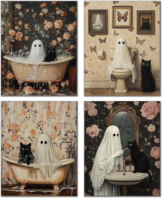 DOFQZ Funny Halloween Bathroom Wall Art Prints Set of 4, Halloween Bathroom Decor, Vintage Dark Academia Spooky Ghost Black Cat Posters for Bath Room Washroom Decor, 8x10 Unframed