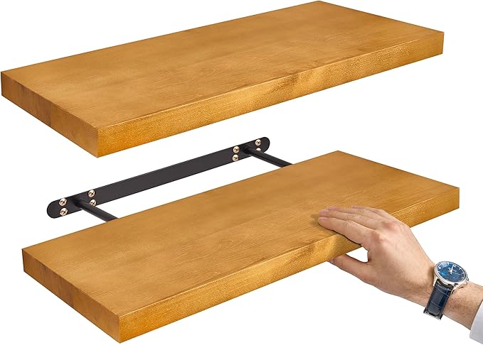 Sorbus Wood Floating Shelves for Wall - 24” Solid Wall Shelves for Bathroom, Bedroom & Living Room - Set of 2 Maple Wood Wall Mounted Shelves - Durable Solid Pine