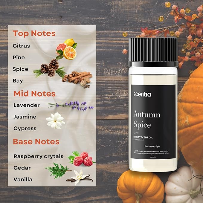 Scentia Autumn Spice Essential Oil – 50ml Fall Blend with Pumpkin Spice Notes | Diffuser Oil for Home, Halloween & Thanksgiving Décor | Aromatherapy, Candle & Soap Making