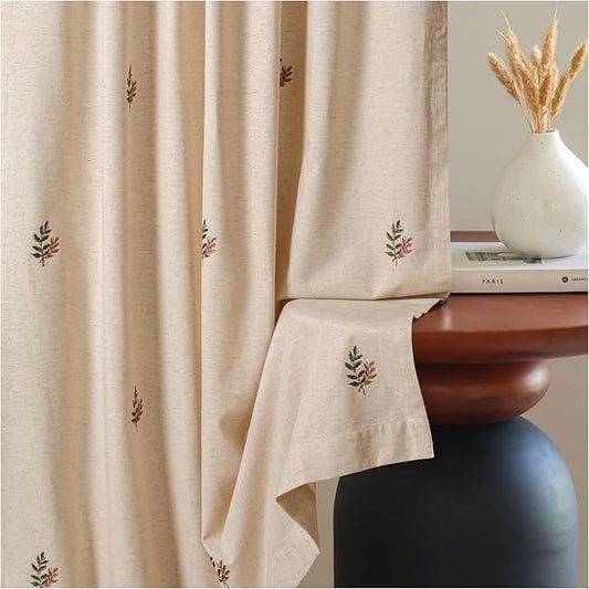 Linen Flax Curtain 50x84 Natural with Embroidery, Farmhouse Curtain,Tab Top Curtains, Room Darkening Drapes, Curtains for Bedroom, Curtains for Living Room_1Piece