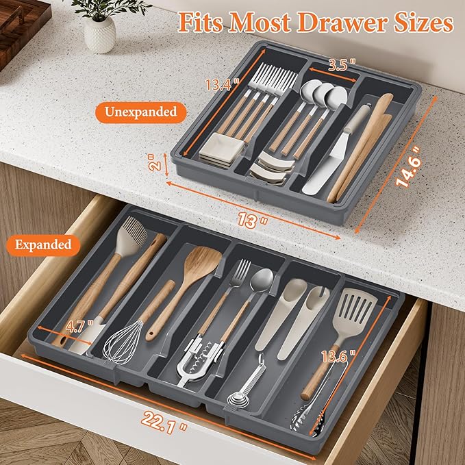 Silverware Organizer, Expandable Utensil Drawer Organizer for Kitchen Drawers, Kitchen Drawer Organizer for Spoons/Forks/Knives, Multipurpose & BPA Free Cutlery Tray, Grey, 2 Pack