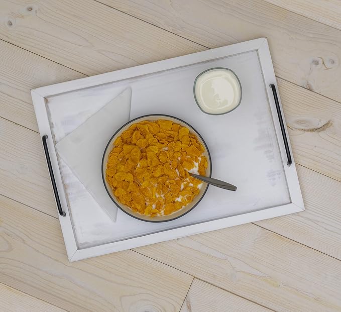 Besti Rustic Vintage Food Serving Trays (Set of 2) | Nesting Wooden Board with Handles | Stylish Farmhouse Decor Serving Platters | Large: 15 x2 x11” - Small: 13 x2 x9” inches (Rustic Off White)