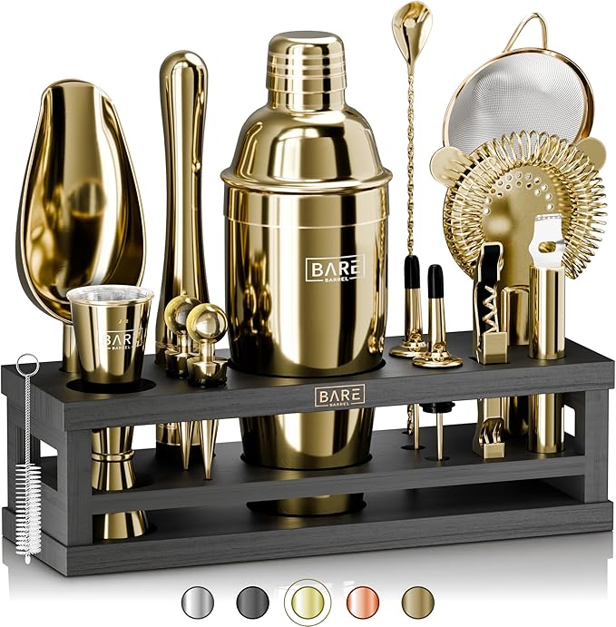BARE BARREL® Mixology Bartender Kit Bar Set | 16-Piece Cocktail Shaker Set | Martini Barware Mixing Tools for Home Bartending | Incl. 35 Recipe Cards | Gift Set (24oz Cobbler Shaker, Gold/Black)