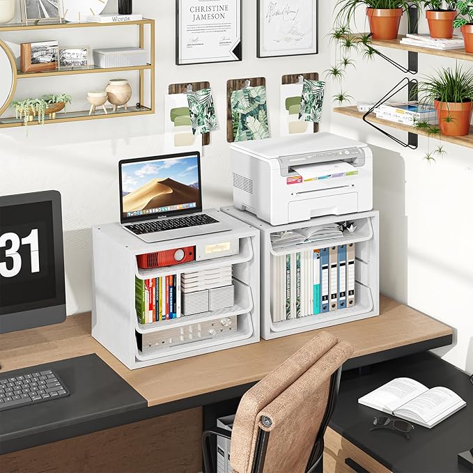 Simple Trending Desk File Organizers, 4-Tier Letter Tray Paper Organizer with File Holder, Wooden Paper Sorter for Office Supplies, White