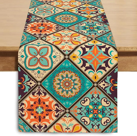 Boho Bohemian Table Runner 90 Inches Long, Vintage Seasonal Table Runners for Party Kitchen Dining Coffee Table Bedroom Dressers Indoor Outdoor, Machine Washable (Bohemian B, 13” x 90”)