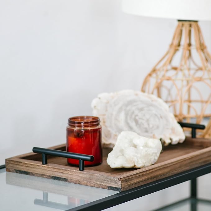 Decorative Ottoman Serving Tray Wooden Rustic (Set of 2) | Black Sleek Metal Handles | 4 Matching Coasters | Coffee Table Decor | Serving Kitchen Platter (Brown)
