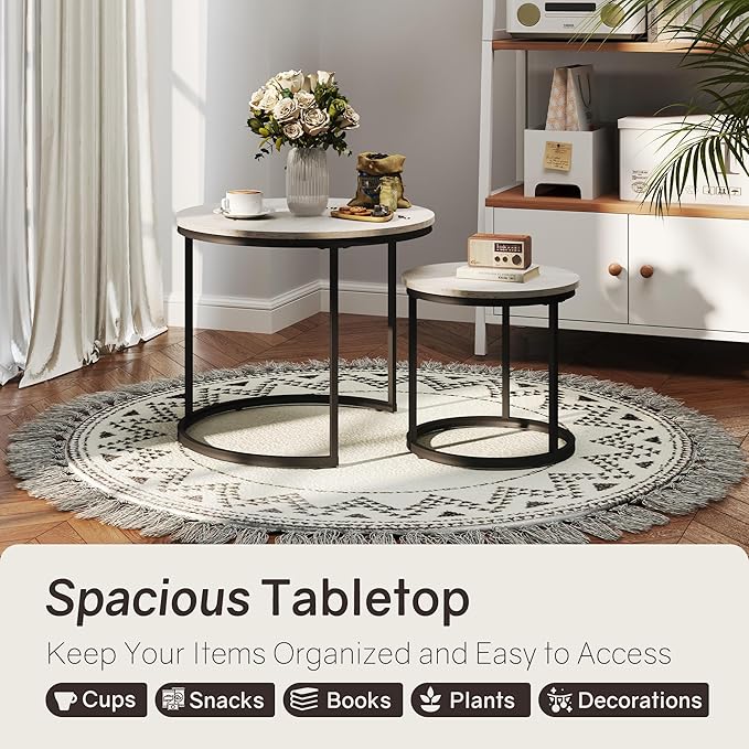 Nesting Tables Set of 2, Round Coffee Table, Small Nesting Coffee Table with Adjustable Non-Slip Fee, Wood Grain Top Nesting Tables for Living Room, Bedroom (Wood Grain Grey)