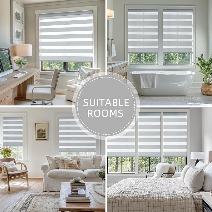 ChrisDowa Cordless Zebra Blinds for Windows, Dual Layer Free-Stop Light Filtering Window Roller Shades, Pull Down Privacy Zebra Shades for Home, Office, Bedroom, Door (34" W x 72" H, Light Grey)