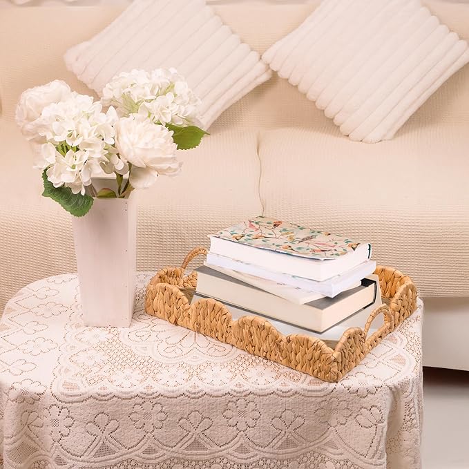 KOKODO Set of 2 Wicker Scalloped Tray – Handwoven Water Hyacinth Basket Trays, Decorative Scalloped Wicker Tray for Serving, Organizing, Kitchen, Coffee Table, Bathroom, and Shelf Décor.