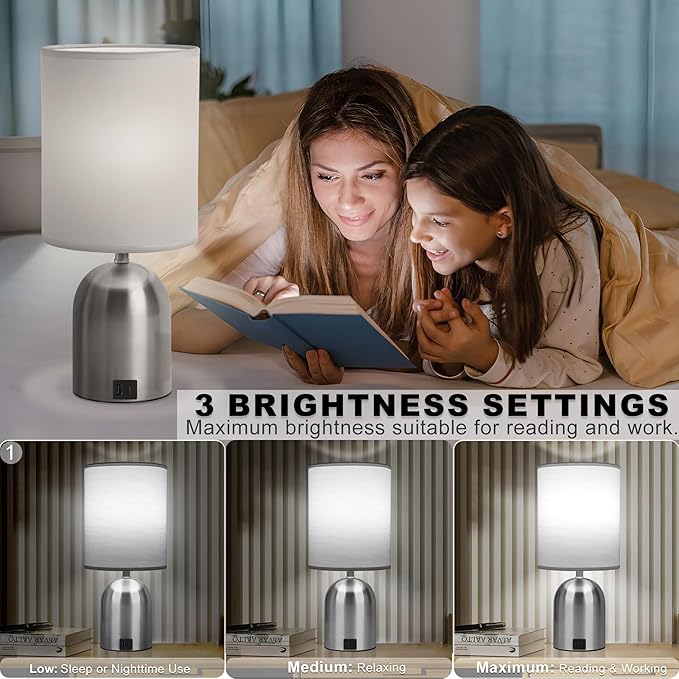 Bedside Table Lamp for Bedroom, 3 Way Dimmable Touch Small Desk Lamp for Office with USB Charging Port Lamps for Living Room, Bedroom, Reading Room, Office, Grey/Sliver, Silver