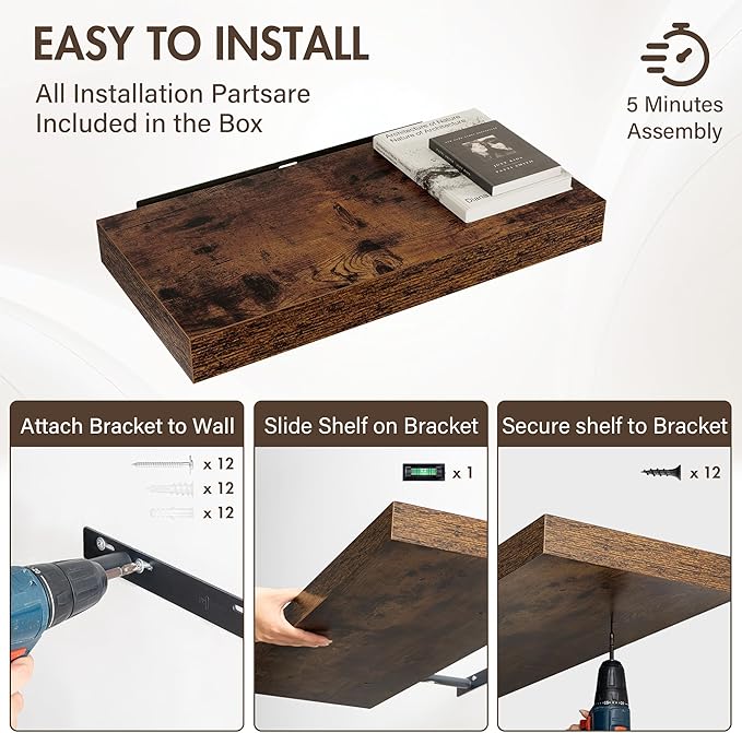 24 Inch Floating Shelves, 12" Deep Floating Shelf Wall Mounted, 24" Wall Shelves, Rustic Deep Bookshelf, Extra Deeper & Thicker Display Shelves for Bedroom, Living Room, Brown, Set of 2