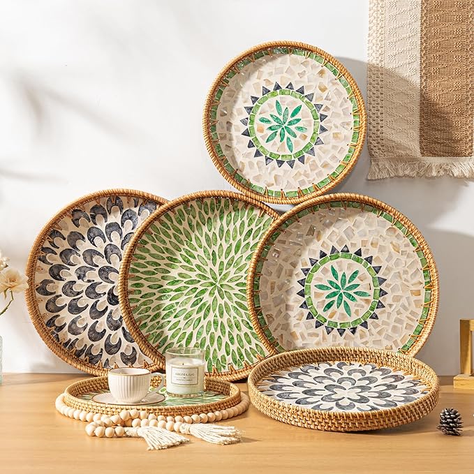 Round Rattan Tray Home Decor with Wood Bead Garland, 12'' Wicker Serving Tray with Mother of Pearl Inlay, Boho Decorative Tray for Coffee Table, Bathroom, Ottoman, Kitchen Table (Coastal Blue)