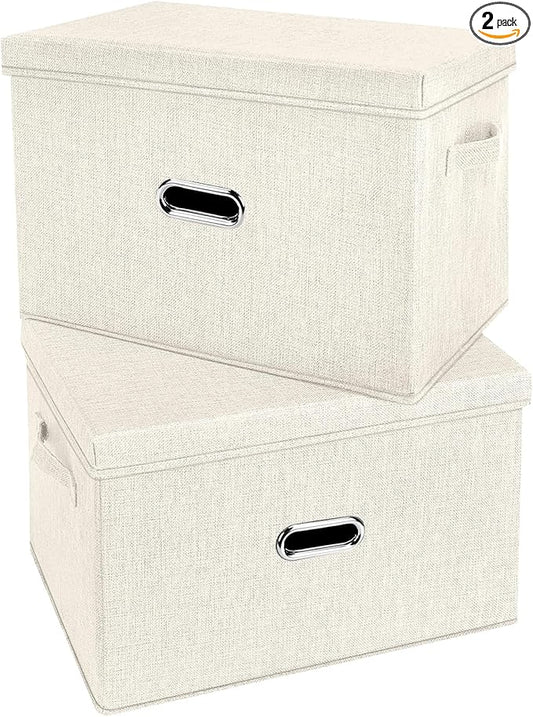 Large Linen Fabric Foldable Storage Bins with Removable Lid and Handles, Washable Storage Box Organizer Containers Baskets Cube with Cover for Bedroom,Office(Cream, XXL(2-Pack))