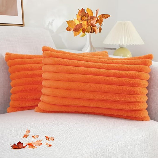 decorUhome Faux Fur Fall Throw Pillow Covers 12x20 Set of 2, Decorative Soft Plush Striped Lumbar Neutral Couch Euro Pillow Covers with Velvet Back for Sofa, Bed, Living Room Home Decor, Orange