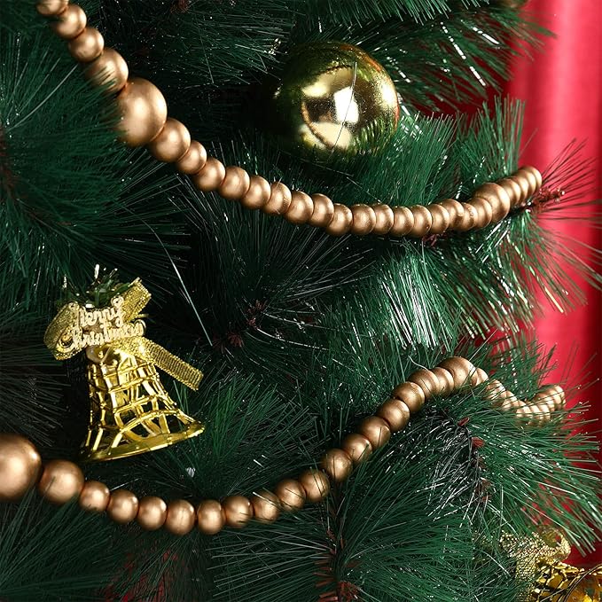 12 Feet Christmas Wooden Beads Garland Round Craft Farmhouse Vintage Wood Bead Garlands for Xmas Decoration Supplies(Gold)