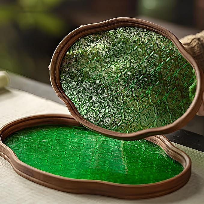 IwaiLoft Glass Serving Tray with The Crabapple Pattern Glass and Walnut for Kitchen Countertop Home Decor for Coffee Table, Also Suitable for Tea Coffee Decorative Trays (Green,14.5" x 10" x 1")