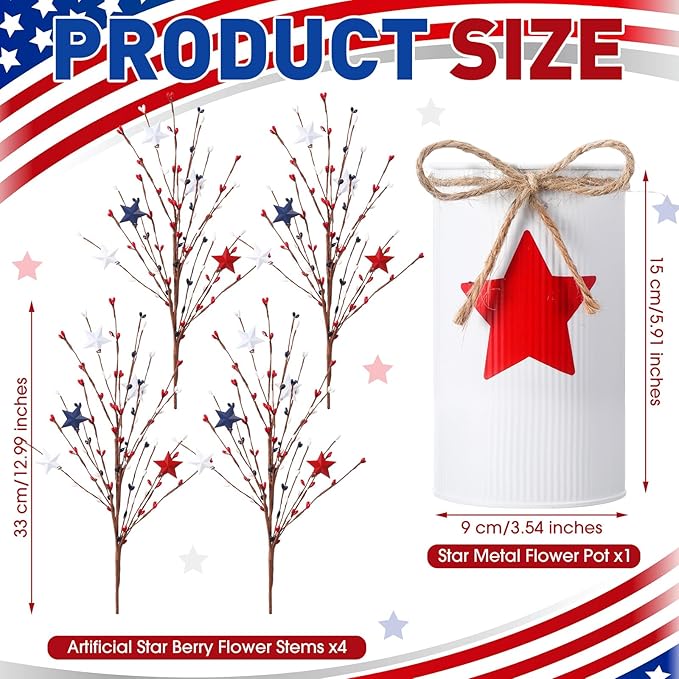 4th of July Table Centerpiece Decoration Patriotic Artificial Flower Stems Star Shaped Berry Picks with Metal Vase Pot for Independence Day Memorial Day Office Home(White and Red)