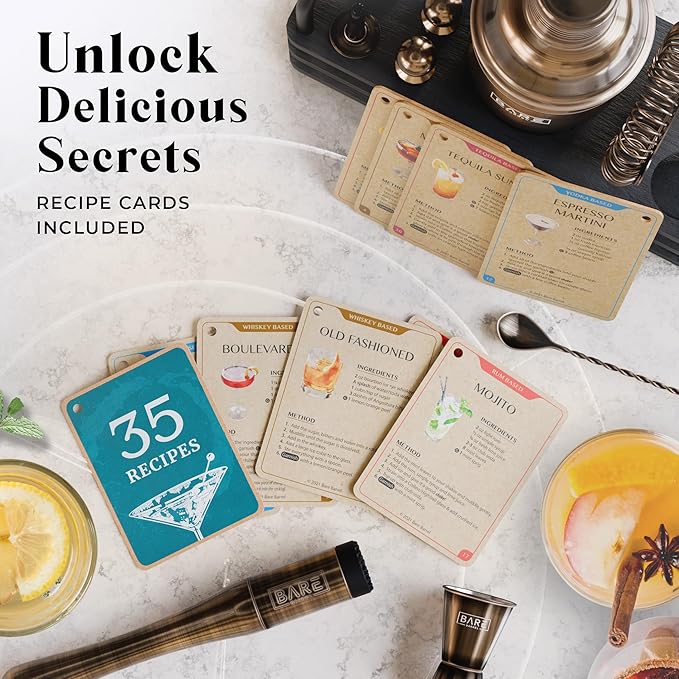 BARE BARREL® Mixology Bartender Kit Bar Set | 14-Piece Cocktail Shaker Set | Martini Barware Mixing Tools for Home Bartending | 35 Recipe Cards | Gift Set (24oz Cobbler Shaker, Brass/Black)