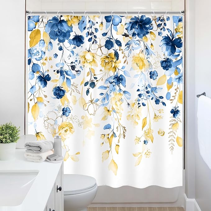 Blue and Yellow Floral Shower Curtain 72Wx72L Inch Watercolor Flower Eucalyptus Leaf Plant Gold Pastel Botanical Wildflower Bathroom Set Pretty Girls Bath Curtain Bathtub Accessories Home Decor