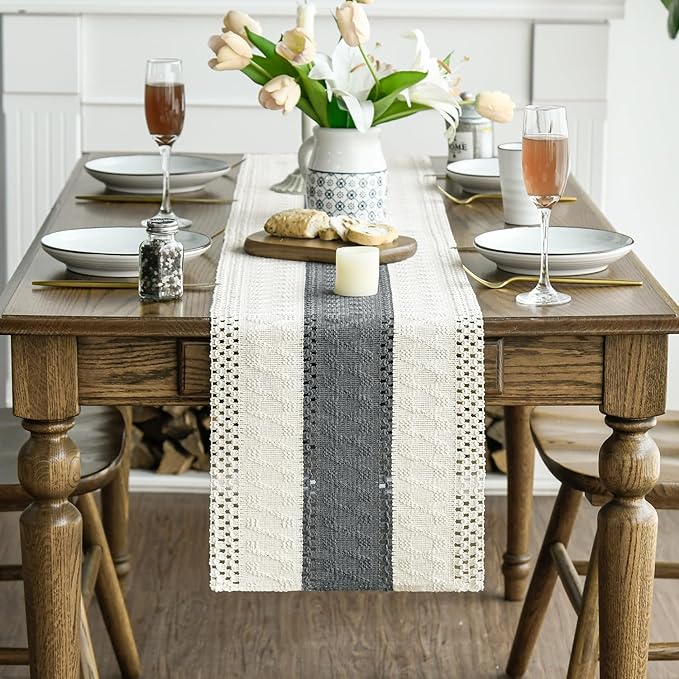 Artoid Mode Dark Grey Farmhouse Rustic Table Runner, Seasonal Holiday Hollow Kitchen Dining Table Decoration for Home Party Decor 12x60 Inch