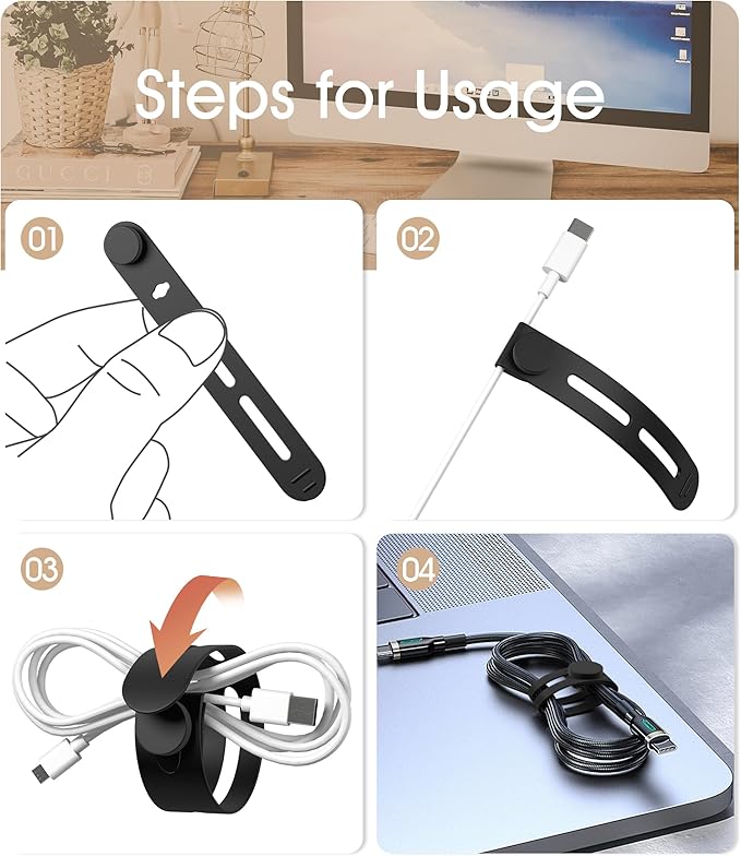 20Pcs Nearockle Reusable Cable Ties, Adjustable Silicone Cord Organizer Small Zip Ties for Charging Cords Earphone Computer Wire, Office Desk Cable Management Travel Accessories(Black)