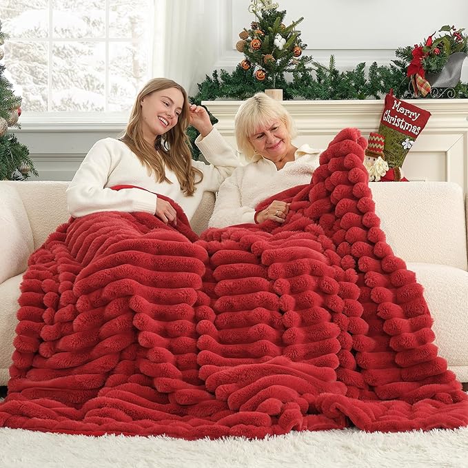Cozy Bliss Faux Fur Throw Blanket for Couch, Cozy Warm Plush Striped Blanket for Sofa Bedroom Living Room, 60 * 80 Inches Cardinal Red