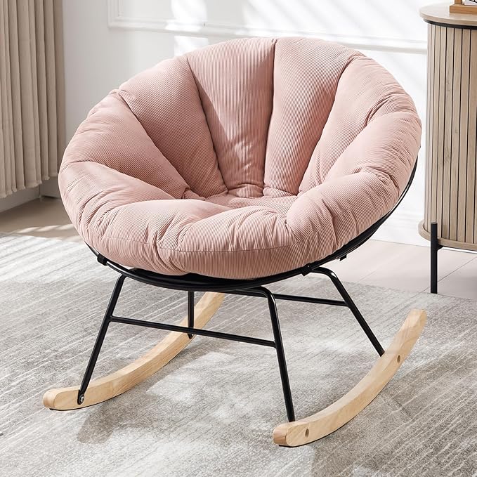 NIOIIKIT Nursery Saucer Rocking Chair, Corduroy Upholstered Round Glider Chair, Nursing Chair with Comfy Cushion, Tufted Papasan Chair, Cozy Reading Chair for Living Room, Bedroom (Pink)
