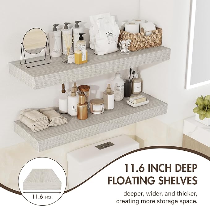 48 Inch Floating Shelves, 12" Deep Floating Shelf Wall Mounted, 48" Wall Shelves, Rustic Deep Bookshelf, Extra Deeper & Thicker Display Shelves for Bedroom, Living Room, Gray, Set of 2