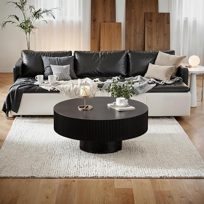 Modern Wood Coffee Table - Handcraft Drum Coffee Tables with Sturdy Base, Easy Assembly, Contemporary Style Small Coffee Table Tea Table for Living Room, Bedroom, Office (Black Thick)