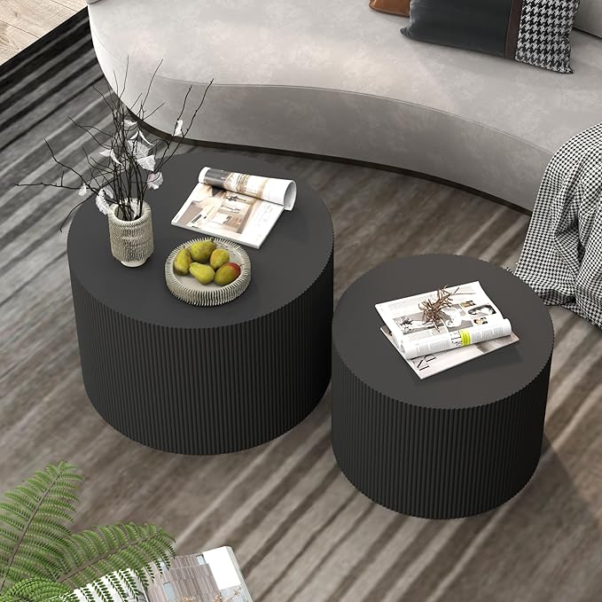 Black Round Coffee Table Set of 2, Modern Wooden Nesting Coffee Tables for Living Room, No Assembly Required Circle Side Tables Set Accent End Table for Bedroom, Balcony