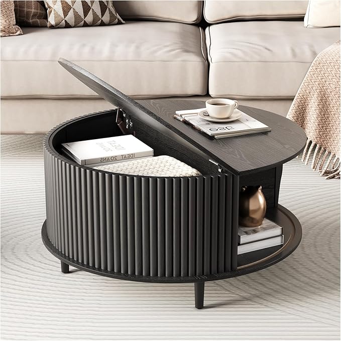 Round Coffee Table with Storage, 31.5" Center Table with Sliding Door,Fluted Small Coffee Table for Living Room,Black