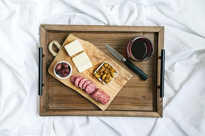 Decorative Ottoman Serving Tray Wooden Rustic (Set of 2) | Black Sleek Metal Handles | 4 Matching Coasters | Coffee Table Decor | Serving Kitchen Platter (Brown)