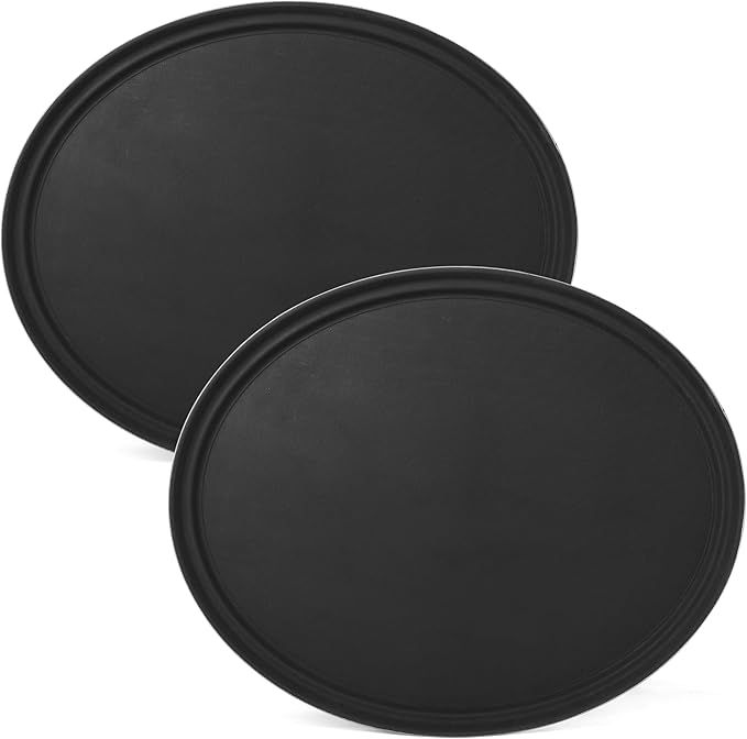 CURTA 2-Pack Restaurant Grade Non-Slip Tray, NSF, Oval 22-Inch x 27-Inch, Plastic Rubber Lined Round Serving Tray, Black