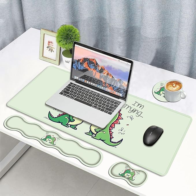 4 in 1 Ergonomic Memory Foam Mouse Pad Wrist Rest Set, Large XXL Gaming Desk Pad + Keyboard Wrist Rest + Mouse Wrist Cushion + Coaster for Home Office Study Gaming, Cute Little Dinosaur