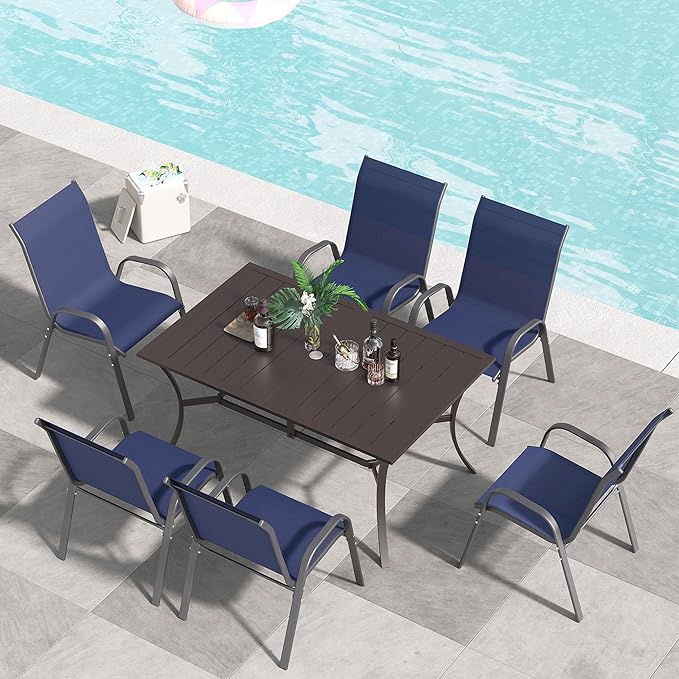 Amopatio 7 Pieces Patio Dining Set, Outdoor Table and Chairs, Square Metal Table with Umbrella Hole, 6 Stackable Chairs, Patio Furniture Sets for Deck, Backyard, Garden and Poolside, Navy Blue