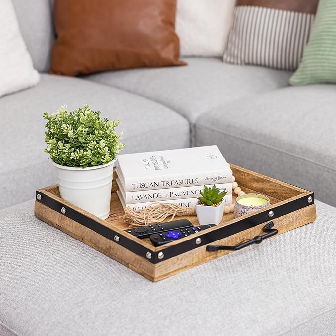 16"x16" Large Square Ottoman Tray, Heavy Duty Mango Wood, for Serving Tea, Breakfast in Bed, Living Room Large Coffee Table Tray Rustic with Farmhouse Style, Decorative Handles and Accent Strap