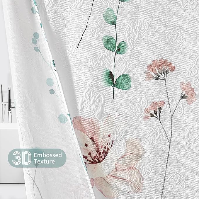 QiyI Watercolor Floral Shower Curtain, 3D Embossed Butterflies Sage Green Flower Bathroom Curtain, Minimalist White Cloth Bath Curtain, Waterproof Fabric Textured Shower Curtain Set with Hooks, 72x72