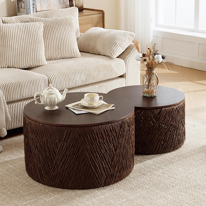Large Farmhouse Round Coffee Table with Storage Boho Living Room Table Hand-Woven Rattan Nesting Coffee Tables for Living Room, Brown