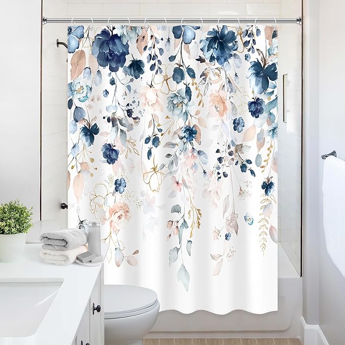 Pink and Blue Floral Shower Curtain 52Wx76H Inch Rustic Flower Eucalyptus Leaf Shabby Chic Plant Botanical Spring Girly Bathroom Set Country Bath Curtain Bathtub Accessories Home Decor