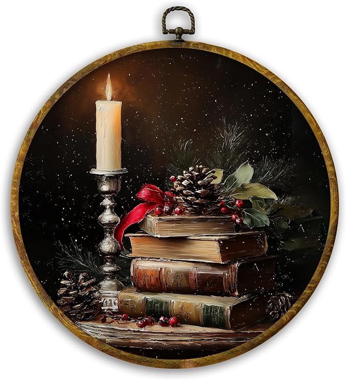 CUANFDDSF Vintage Moody Christmas Book Round Wall Art, Rustic Christmas Candle Bookish Framed Hanging Wall Decor, Cozy Xmas Winter Canvas Prints Decorations for Home Library Reading Room, 10x10 Inch