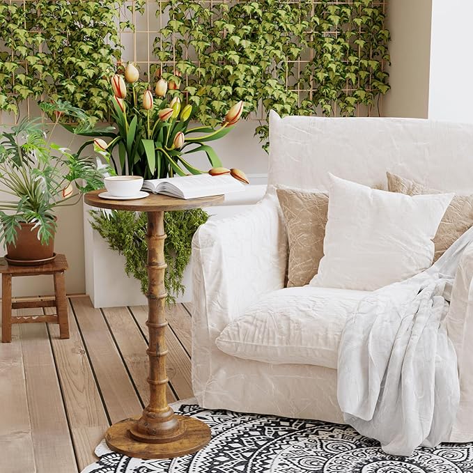 Round Side Table, Modern Drink Table for Small Spaces, Small End Table with Solid Wood Leg for Living Room, Bedroom, Corners, and Office (Rustic Brown)