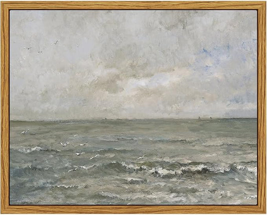 VIYYIEA Ocean Landscape Framed Wall Art, Seascape Vintage Paintings Art Decor Aesthetic, Canvas Print Artwork, Calming Sea Wall Pictures for Bedroom Bathroom Office, 8x10 Inch