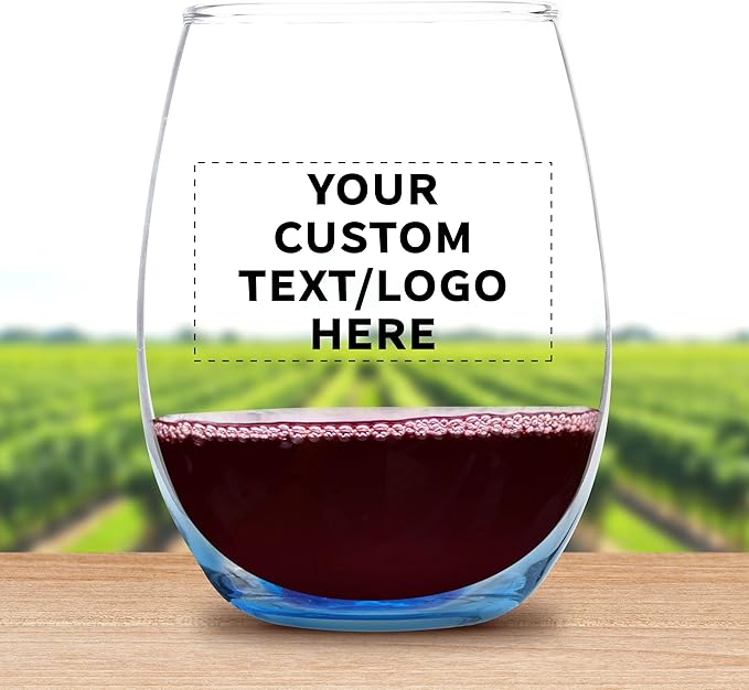 Custom Stemless Wine Glass 9 oz. Set of 10, Personalized Bulk Pack - Great for Wedding Favors, Bachelorette Party Decorations, Party Favors, Color Bottom - Blue