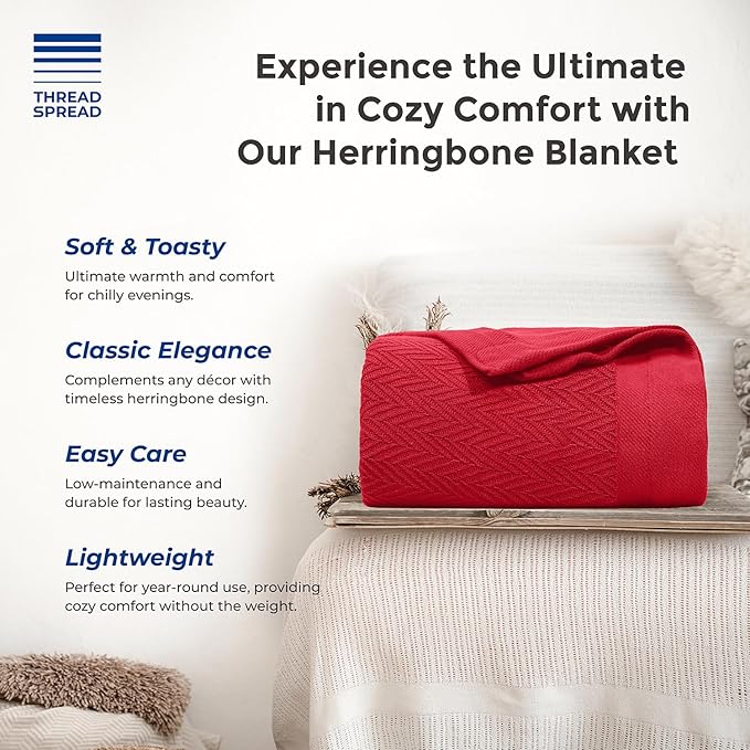 THREAD SPREAD Organic GOTS Cotton Blanket, King/Cal King - 350GSM, Oversized Antistatic, Fuzzy Soft, Sofa, Camping & Travel, Luxurious Herringbone All-Season Throw, Red + Free Chic Tote Bag