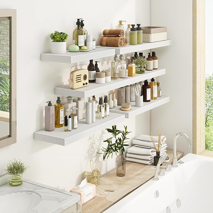 Fun Memories Floating Shelves - 2 Pack 9 Inch Deep Rustic Wooden Wall Shelves - Wall Mounted Storage Shelf with Invisible Brackets, 24" W x 9" D x 1.6" H - White